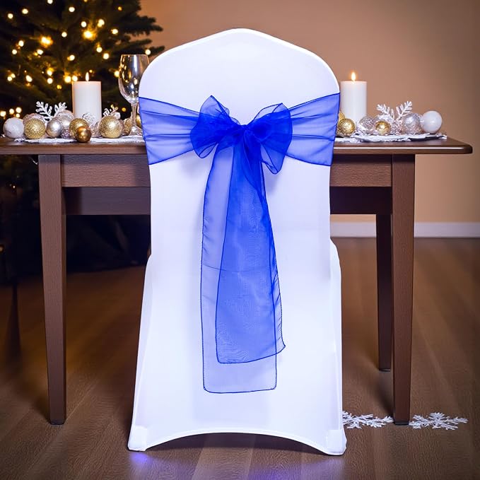 MDS® Pack of 125 Organza Chair Sashes for Wedding Decoration, Reusable Sheer Chair Bows for Banquet Chair Cover, Reception, Bridal Shower, Baby Shower, Birthday Party & Special Events - Royal Blue