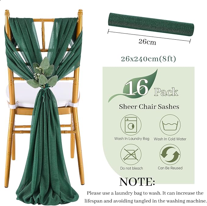 QueenDream Emerald Green Chair Sashes Wedding: 16 Pieces Long Sheer Wedding Aisle Chair Decorations Tulle Chairs Covers with Artificial Eucalyptus
