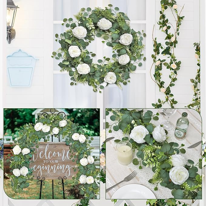 4 Pack 6.23 FT Artificial Eucalyptus Garlands with White Roses,Faux Floral Greenery Garlands Fake Rose Flowers Vines Garlands for Wedding Table Centerpieces Arch Party Ceremony Backdrop Decor