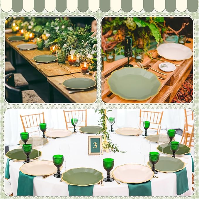 72 Pcs Sage Green Color Paper Plates 9 Inch Green Gradient Scalloped Paper Disposable Dinner Dessert Plates for Birthday Wedding Bridal Party Supplies, 6 Colors