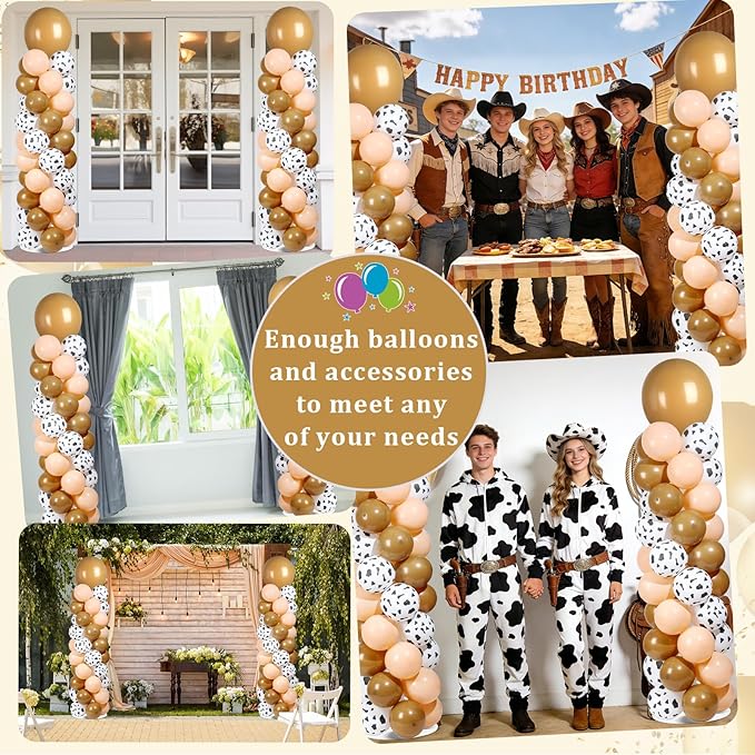 2 Sets Western Brown Cow Print Balloon Column Stand Kit with 102 Balloons Adjustable Balloon Tower Stand with Bases for Floor Cowboy Balloons Column Kit for Birthday Western Cowboy Party Decor