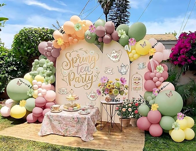 Pastel Pink Yellow Green Balloon Arch with Artificial Flower Double Stuffed Dusty Green Pink Peach Mauve Balloon Garland Kit for Tea Party Wildflower Spring Birthday Baby Shower Fairy Party Decor