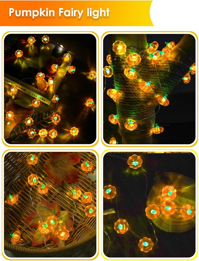 2 Pack 60LED Fall Decorations 3D Pumpkin String Lights Battery Operated, 20FT Orange Fall Lights with Remote & Timer, Waterproof 8 Modes Fairy Twinkle Light for Harvest Thanksgiving Halloween Decor