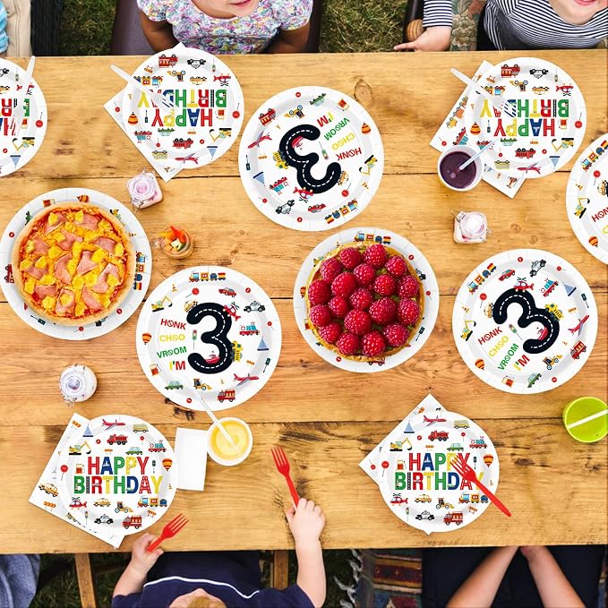 96Pcs 3rd Birthday Cars Party Decorations Transportation Plates and Napkins Tableware Set Car Train Plane Sailboat Tableware Set for Boys 3 Years Old Traffic Theme Party Supplies Serves 24