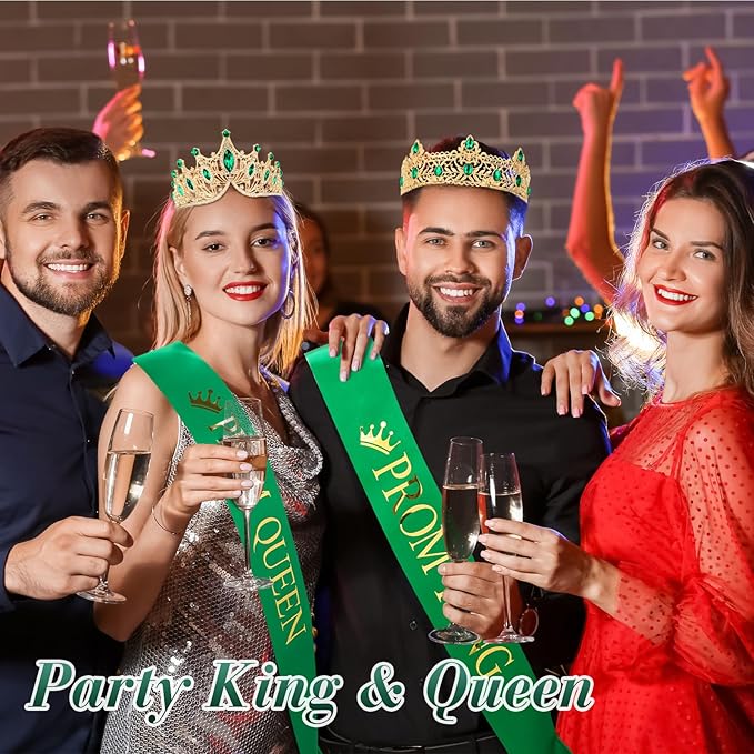 Ferreve 4 Pcs Prom King and Queen Crowns and Sashes Set Graduation Prom King and Queen Tiara Sash for 80's Prom Party Favors(Green)