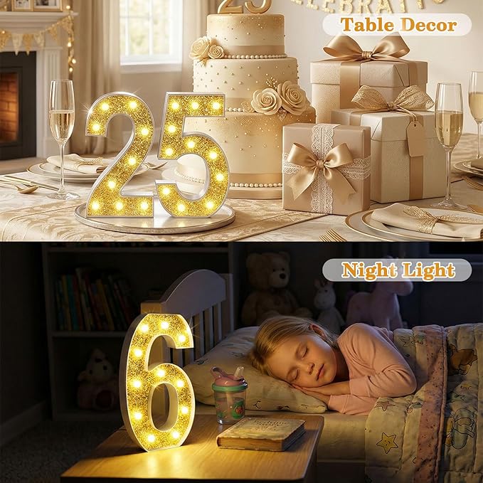 12.6 Inch LED Gold Marquee Light Up Numbers, 60th Birthday Decorations Number Lights as Gifts for Women Men, Glitter Lighted Marquee Numbers for Golden Anniversary Party Table Decor, 60