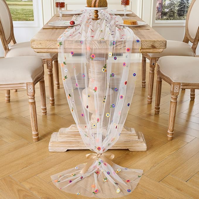BINBE 6pcs Ivory Daisy Spring Table Runner Embroidery Gauze 10FT Florals Seasonal Tulle Holiday Birthday Kitchen Dining Table Decor for Home Party