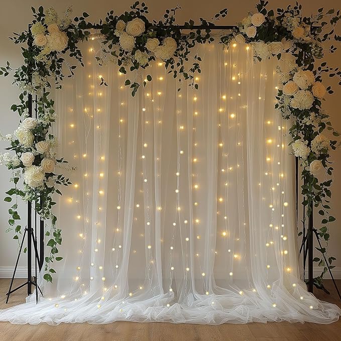 White Tulle Backdrop Curtain with Lights String 10x8ft Sheer Drapes for Wedding, Birthday, Baby Shower, Bridal Shower, Photo Booth, Party, Home Decor (2 Panels, White)
