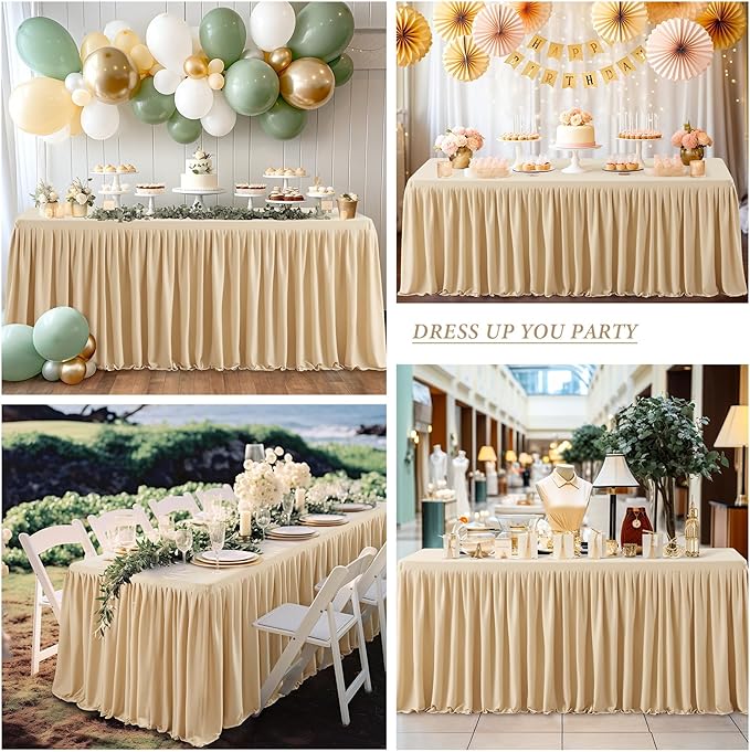 2 Pack Dark Champagne Tablecloths for Rectangle Tables 8ft, Wrinkle Resistant Champagne Table Cover Fitted Stretch Table Cloth with Pleated Ruffle Skirts for Party Banquet Dining Birthday Wedding