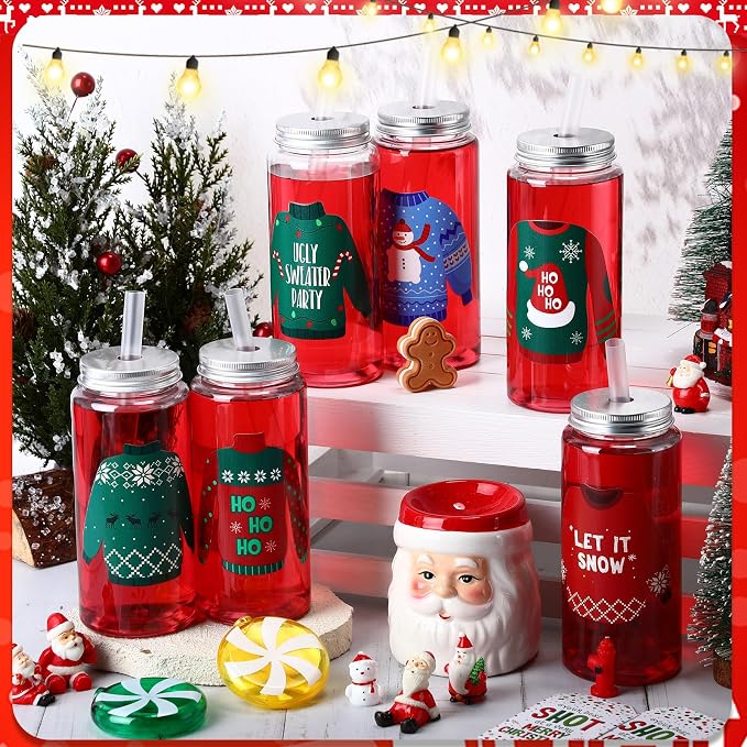 Skylety 30 Pcs Christmas Plastic Cups with Lids and Straws 13.5 oz Winter Sweater Reusable Plastic Tumbler Xmas Sweater Party Decor for Winter Holiday Women Birthday Wedding Party Supplies