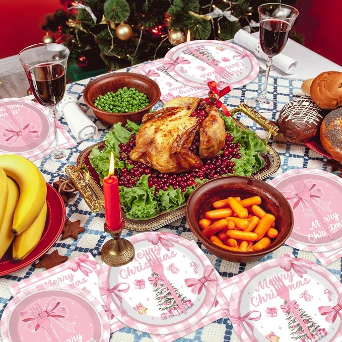 96Pcs Pink Christmas Tree Party Decorations Pink Bow Plates and Napkins Tableware Buffalo Plaid Dinnerware for Merry Xmas Winter Holiday Party Supplies 24 Guests