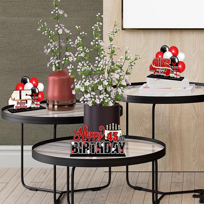 LINGTEER Happy 45th Birthday Red Acrylic Table Topper Centerpieces Set - Cheers to 45 Years Old Birthday 45th Bday Party Gift Decorations.