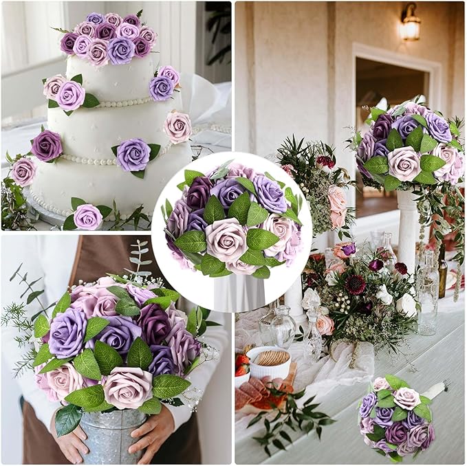 100 Pcs Artificial Foam Rose Flower Faux Bouquet Wedding Fake Rose Gift for Mother's Day Women DIY Bridal Shower Party Table Birthday Home Spring Decor (Gradient Light Purple)