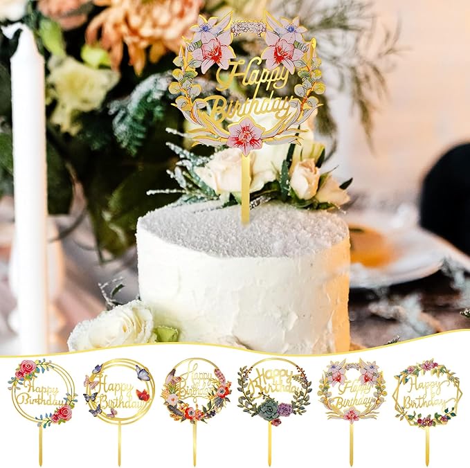 Coume 30 Pcs Happy Birthday Cake Toppers Flower Acrylic Birthday Cupcake Toppers Cake Pick for Birthday Party Cake Desserts Pastries Decorations, 6 Styles