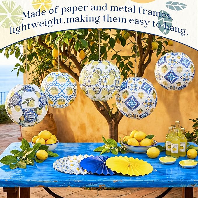 Baquler 24 Pcs Capri Lemon Party Decorations, 12 Paper Lanterns and 12 Hanging Fans, Amalfi Coast Mediterranean Blue Yellow Lemon Decor for Birthday, Bridal Shower, Baby Shower, Wedding, Summer Party