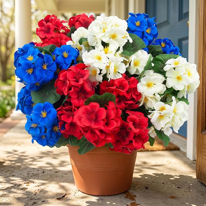 Hananona 12 Pcs Artificial Geranium Flowers for Outdoors Geranium Silk Red White Blue Flowers Outdoor UV Resistant Plants Faux Patriotic Flowers for 4th of July Home Decor (12, RedWhiteBlue)