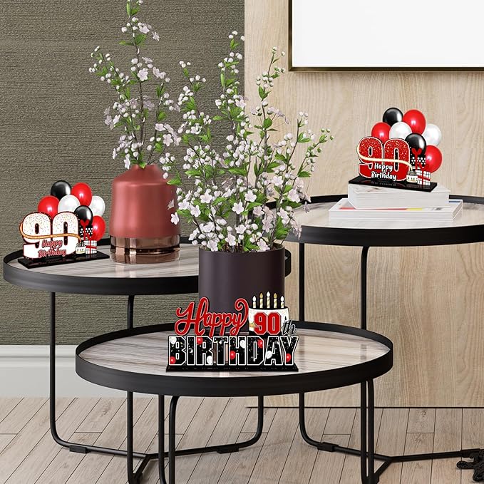 LINGTEER Happy 90th Birthday Red Acrylic Table Topper Centerpieces Set - Cheers to Ninety Years Old Birthday 90th Bday Party Gift Decorations.