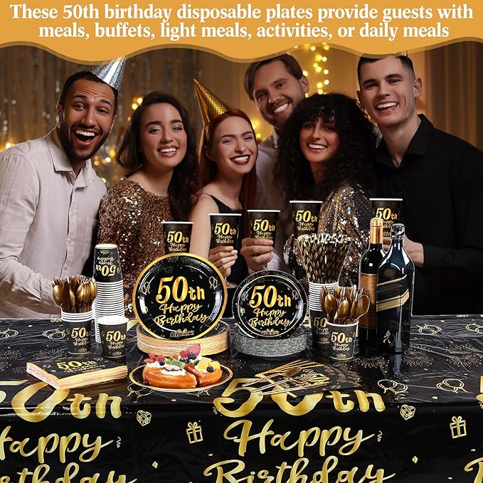 Funnymoom 452 Pcs 50th Birthday Party Decorations Set for Men Women, Black and Gold Happy 50th Birthday Paper Plates Napkins Cups Tablecloth Cutlery Straws for Cheers to 50 Years Anniversary Party