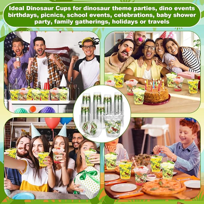 Geyoga 100 Pcs Dinosaur Plastic Cups 12 oz Dinosaur Disposable Drinking Cups Bulk Clear Dino Themed Tumbler for Dino Birthday Party Decoration