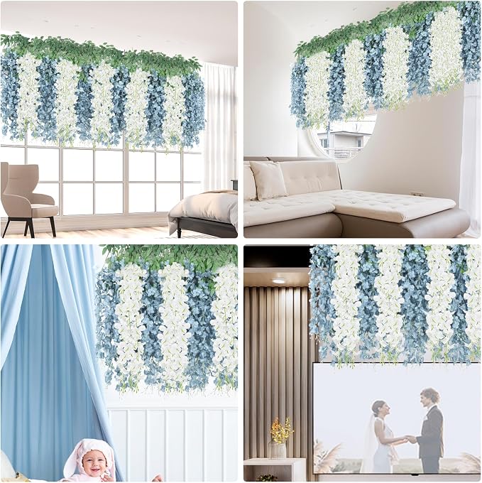 25 Pcs Artificial Wisteria Hanging Flowers 3.6ft Dusty Blue & White Fake Hanging Flowers Garland Silk Flowers Rattan String Faux Wisteria Vine for Wall Home Wedding Party Arch Greenery Backdrop Decor