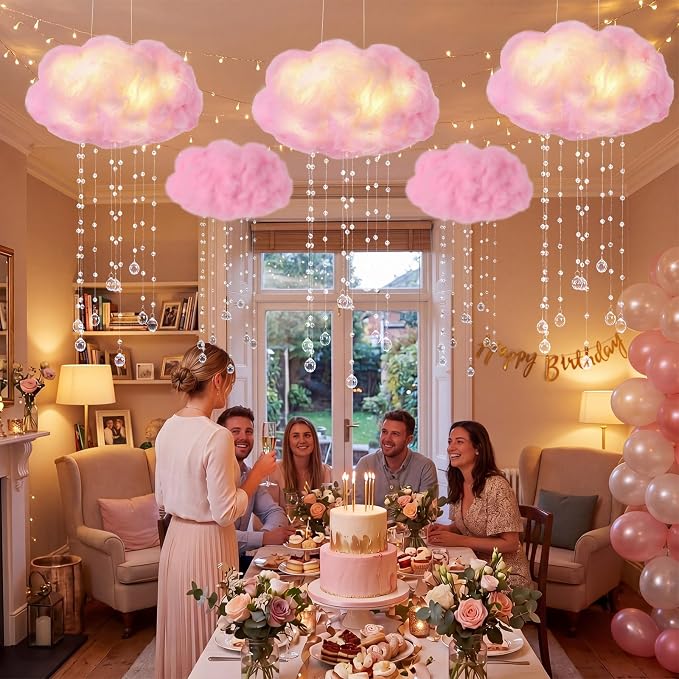 Marsui Artificial Cloud Props LED Hanging Cloud String Light Fake Imitation 3D Cotton Classroom School Decor Raindrop for Room Ceiling Baby Shower Party Wedding Nursery Wall DIY Decor (Pink,6 Pcs)