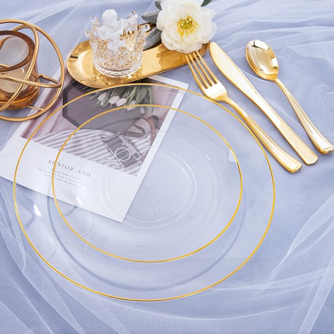Nervure 125PCS Clear Gold Plastic Plates - Clear Plastic Plates with Gold Rim Include 25 Dinner Plate, 25 Dessert Plate, 25 Forks, 25 Knives, 25 Spoons for Wedding & Party & Thanksgiving