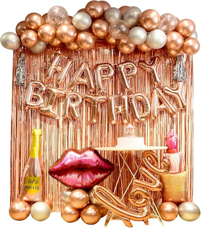 Rose Gold birthday decorations for women ,happy birthday party decorations for girls,Rose Gold Fringe Curtain,happy birthday banner, balloon letters