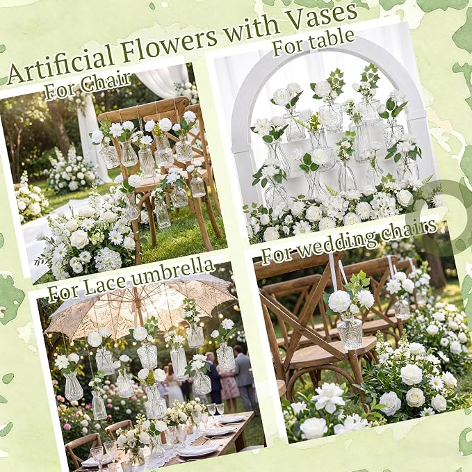 36 Pcs Artificial Flowers Table Centerpiece with Vases Colorful Wildflower Centerpieces Silk Flower Arrangement for Wedding Baby Shower Table Centerpieces Party(White Bloom,Clear)