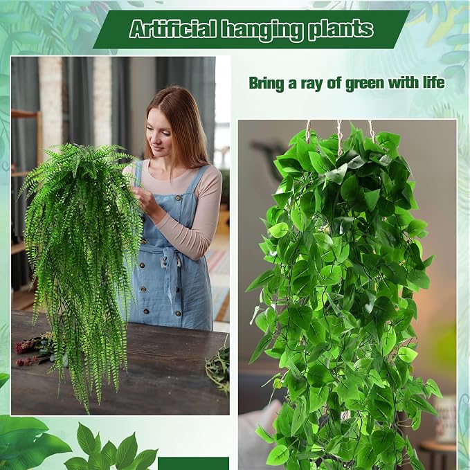 Daifunli 8 Pcs Artificial Hanging Plants Fake Hanging Ferns Plastic Faux Plants for Wall Room Garden Garland Indoor Outdoor Decor No Basket (Boston,Eucalyptus,Ivy Vine,String of Pearls)