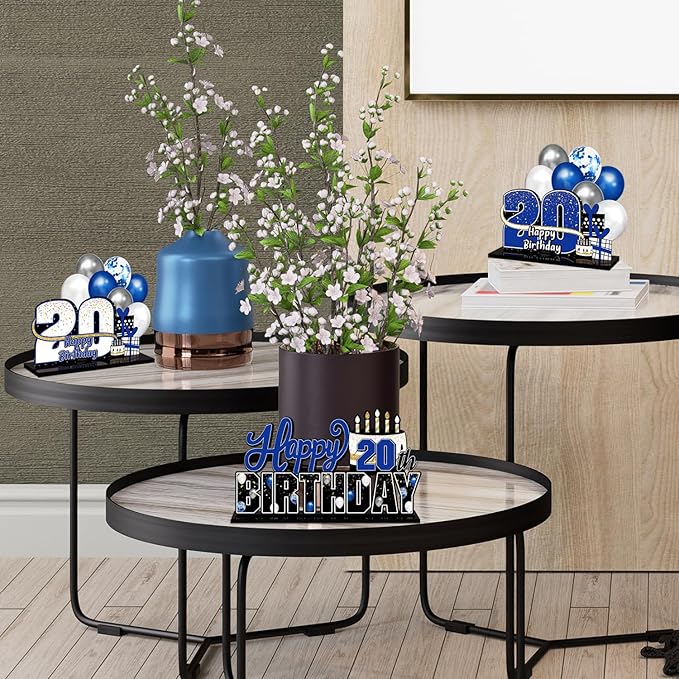 LINGTEER Happy 20th Birthday Blue Acrylic Table Topper Centerpieces Set - Cheers to Twenty Years Old Birthday 20th Bday Party Gift Decorations.