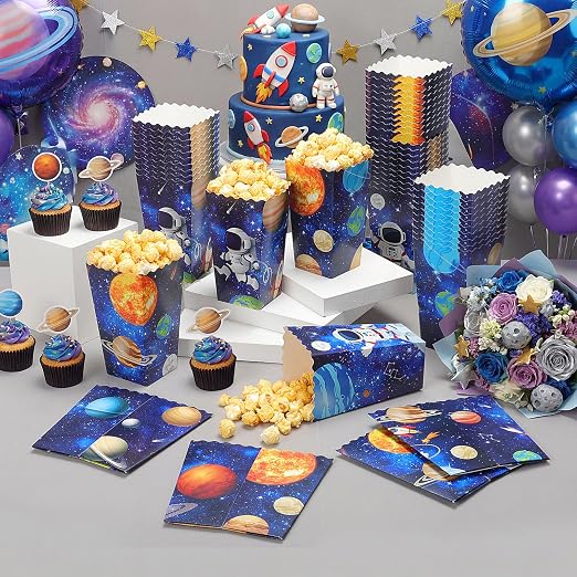 Honoson 48 Pcs Outer Space Popcorn Boxes 6 x 2.4 Inches Planet Galaxy Astronaut Popcorn Bucket Container Disposable Paper Food Trays Space Birthday Decorations for Movie Night Birthday Party Supplies