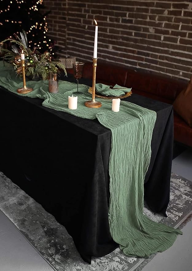 24 Pack Sage Green Table Runner, 10FT Cheesecloth Table Runner Long Romantic Semi Sheer Rustic Boho Gauze Table Runners for Wedding Bridal Shower Birthday Party Decorations(21.5×120 Inch)
