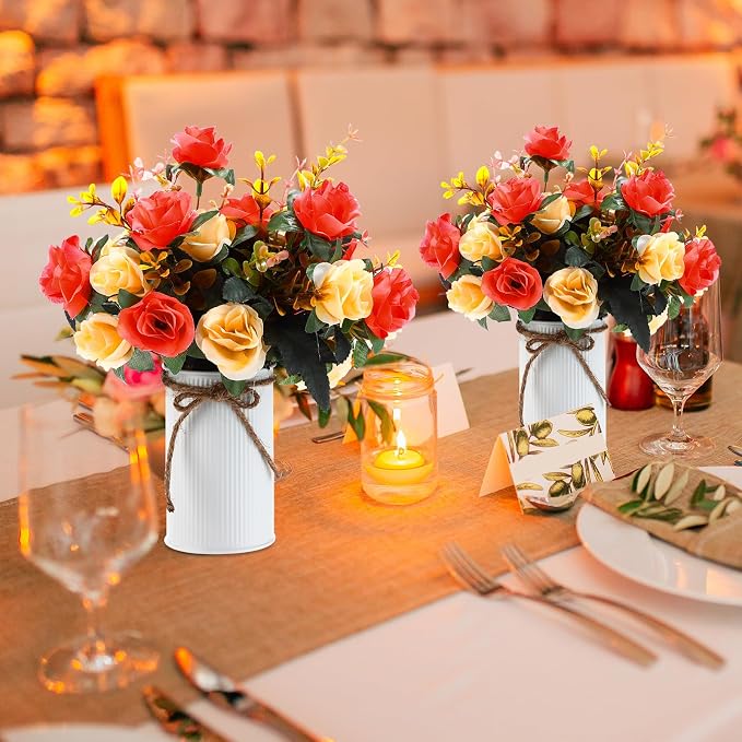 Domensi 12 Sets Wedding Centerpiece for Table Artificial Rose with Vase Fake Bouquets and Metal Pot Flower Arrangements for Bridal Shower Birthday Party Event Table Decor (Orange)