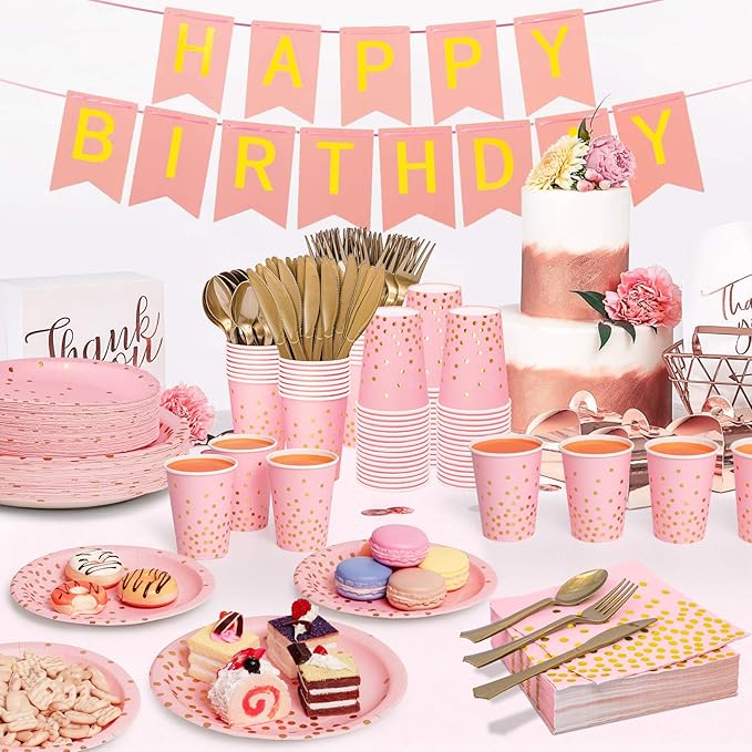 Pink and Gold Party Supplies, 350PCS Disposable Dinnerware Set with Pink Paper Plates Napkins Cups, Gold Plastic Flatware Set for Women Girls Birthday Graduation Baby Shower Engagement Wedding