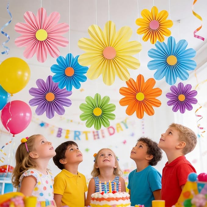 Paper Jazz Colorful Party Decorations with Daisy Paper Flower,Rainbow Birthday Decorations-9pcs Tissue Mexican Decor for Home Backdrop Garden Birthday Party Wall Hanging Fan for Spring Party