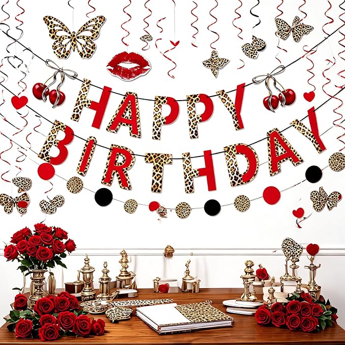 SUNBEAUTY Cheetah Birthday Party Decorations Cherry Cheetah Print Banner Leopard Hanging Swirls with Red and Black Cheetah Party Garland Foil Swirls Ceiling Safari Animal Birthday Party Decorations for Women Girls