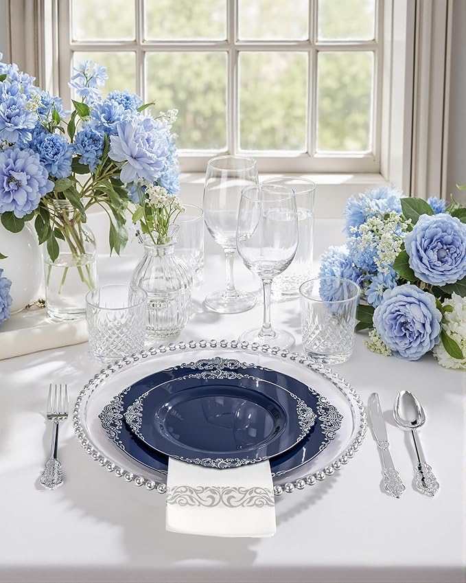 Hioasis 175pcs Blue and Silver Plastic Plates - Elegant Disposable Dinnerware Set Suitable for 25 Guests Include 10.25" Dinner & 7.5" Dessert Plates, Cutlery, Napkins, Cups for Party & Wedding