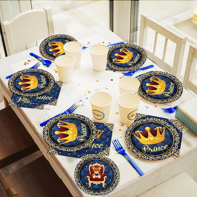 chiazllta 96 Pcs Royal Blue Prince Party Paper Plate and Napkins Supplies Little Blue Prince Theme Baby Shower Dinnerware Decor Blue and Gold Crown Paper Plate Napkin Fork for Party Favors 24 Guests