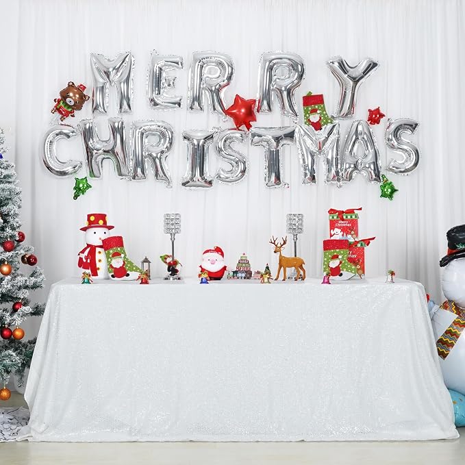 Poise3EHome White Sequin Tablecloth 90×132 Inch Rectangle Sparkly Fabric Table Cloth for Birthday Wedding Party Holiday Baby Shower Christmas Decoration