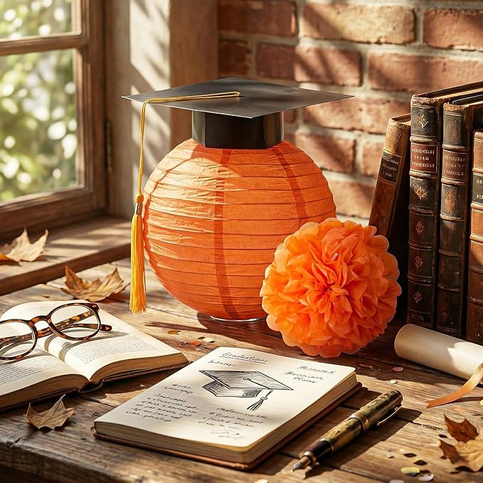 Gilprop 15 Pcs Black and Orange Graduation Decoration 2026 Paper Lanterns Graduation Party Decorations Hanging Round Paper Lanterns with Black Grad Hat Tassel for Congratulation Grad Decorations