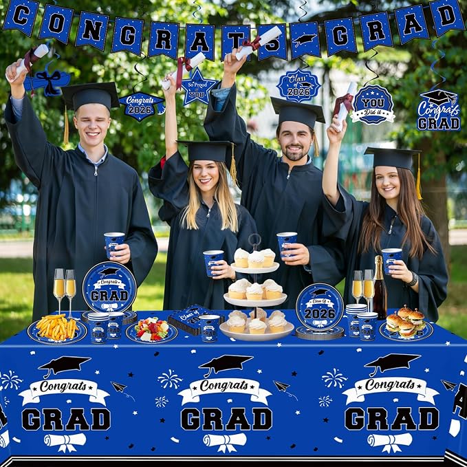 2026 Graduation Decorations for Party, Blue Plates Napkins Cups Tablecloth with Congrats Grad Hanging Decor for 25 Guests, Congratulations Disposable Party Supplies Favors for College & Middle School