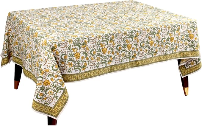 Ridhi Five Call Golden Hand Block Print Cotton Rectangle Tablecloth 190" x 72" inches Reusable Table Cover Decorative Everyday Use for Dining Room, Farmhouse, Home Gift for Spring, Mother's Day