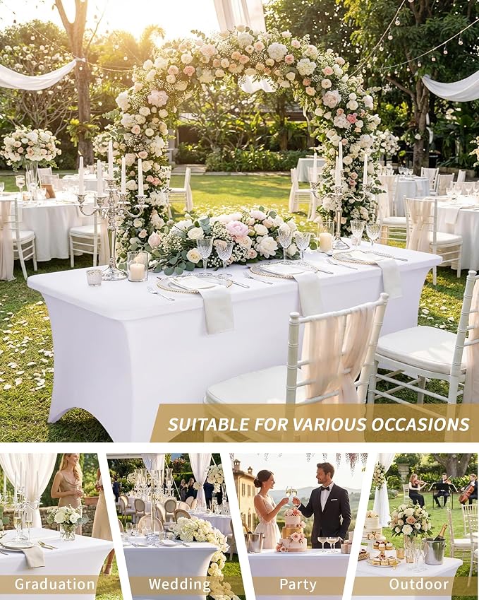 Fixwal White Tablecloths for 8 Foot Rectangle Tables, 4 Pack Spandex Stretch Fitted Table Covers for Party, Trade Show, Banquet, Wedding, Buffet