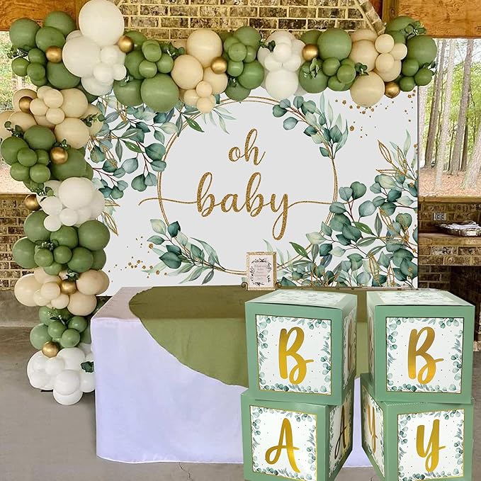 263 Pc Sage Green Baby Shower Decorations Boy Or Girl, Gender Neutral Mint Balloons Garland Kit, BABY Boxes, Oh Baby Backdrop Banner, Olive Green Baby Shower Decor, Woodland Safari Jungle