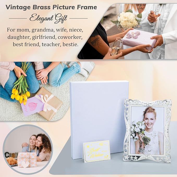 4x6 Vintage Metal Picture Frame White Pearl Photo Frame Wedding Decoration, Clear Glass Front, Unique Tabletop or Wall Display, Mothers Day Gifts for Mom Women, Horizontally & Vertically