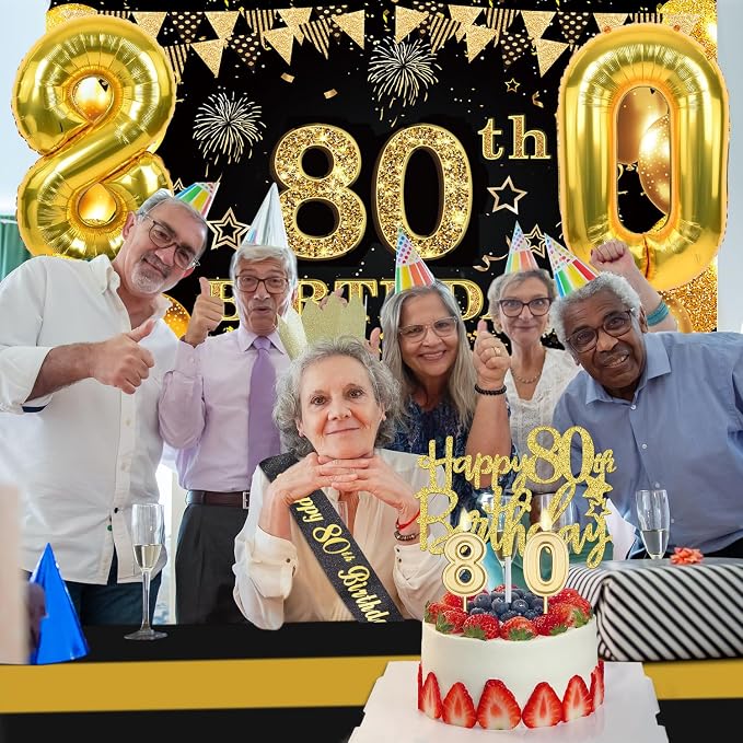 80th Birthday Decorations Men Women with 80th Birthday Banner, Black and Gold Table Cloth, Number Balloons, Large Sash, Cake Topper and Candles