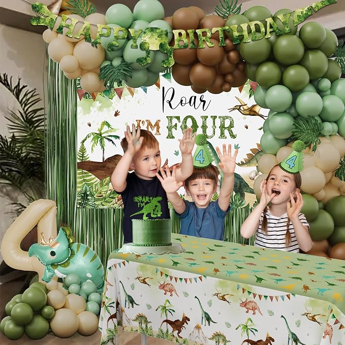 Dinosaur 4th Birthday Party Decorations, Roar I Am 4th Dinosaur Birthday Decoration, 4 Rex Party Supplies with Backdrop Tablecloth Fringe Curtain Balloon Arch Cake Topper Birthday Banner