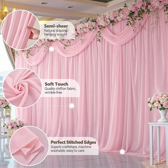30ft x 10ft Peach Pink Backdrop Curtains, Wrinkle-Free Sheer Chiffon Fabric Photo Backdrop Drapes for Wedding Arch Party Ceremony Stage Photography Decorations