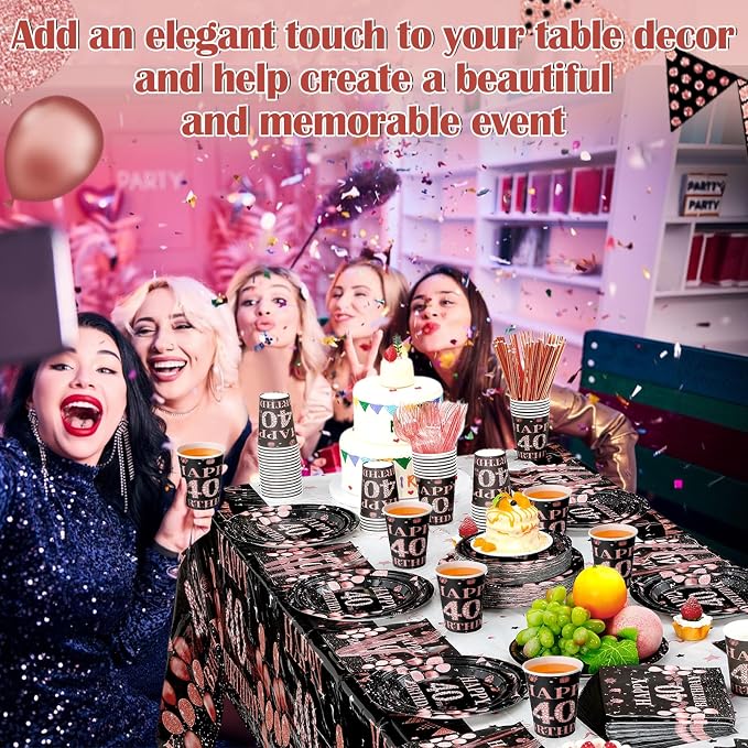 Funnymoom 452 Pcs 40th Birthday Decorations for Women Black and Rose Gold 40th Birthday Paper Plates Cups Napkins Tablecloth Cutlery Straws for Girls Women 40 Year Old Party Supplies for 50 Guests