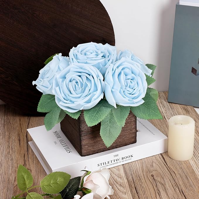 Dining Table Centerpiece Set of 6 - Pre-Made Aritifial Rose with Wooden Vase Fake Floral Arrangment Faux Flower for Wedding Bridal Tea Party Event Decorations - Blue